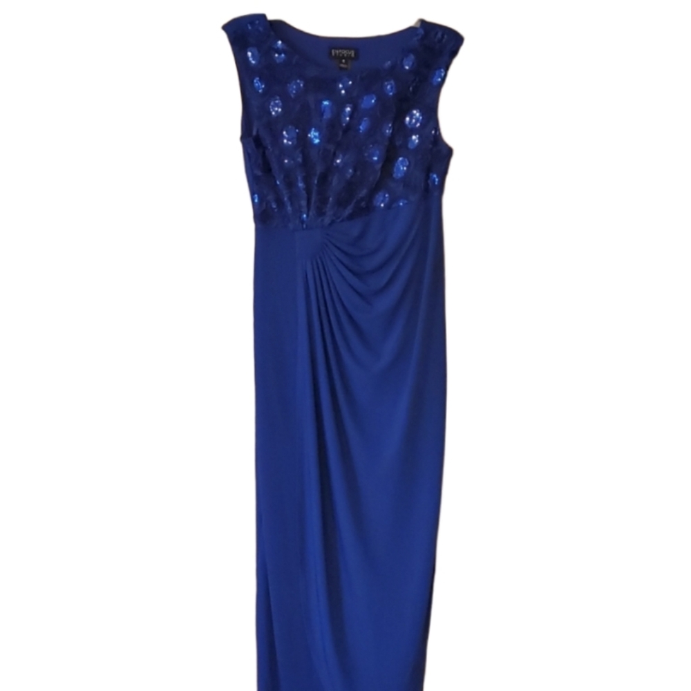 Enfocus Studio Womans Blue‎ Floral Sequin Long Draped Formal Dress Size 6